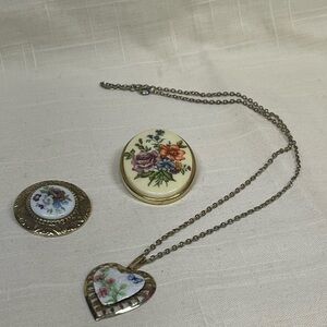 Vintage 1 Necklace and 2 brooches, chain 18”, good condition all floral